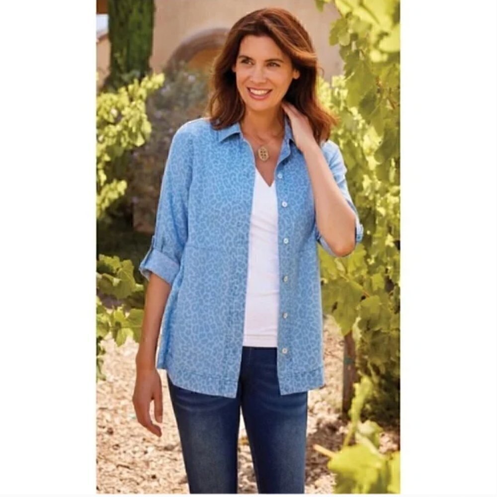 Soft Surroundings Blue Leopard Thelma Button Down Chambray Shirt